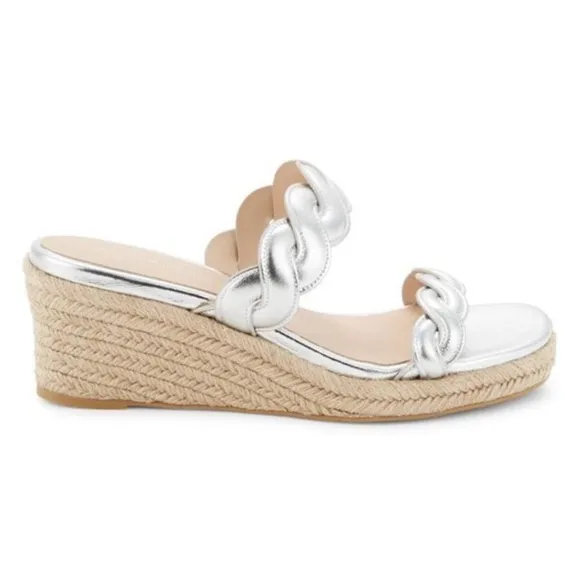 NEW Stuart Weitzman Twist Espadrille Wedge Sandal - Silver 9.5 EU 40