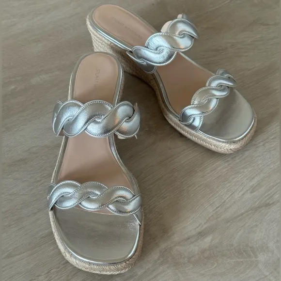 NEW Stuart Weitzman Twist Espadrille Wedge Sandal - Silver 9.5 EU 40