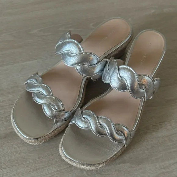 NEW Stuart Weitzman Twist Espadrille Wedge Sandal - Silver 9.5 EU 40