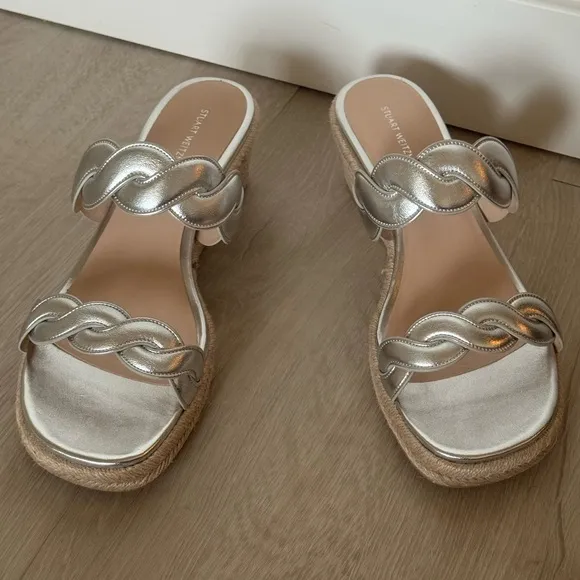 NEW Stuart Weitzman Twist Espadrille Wedge Sandal - Silver 9.5 EU 40