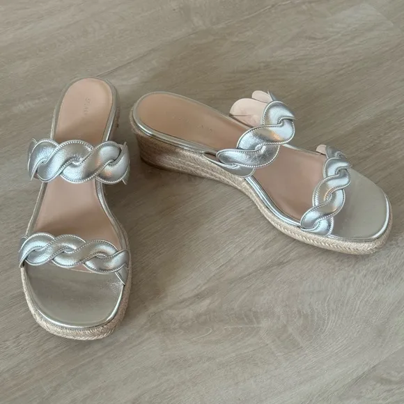 NEW Stuart Weitzman Twist Espadrille Wedge Sandal - Silver 9.5 EU 40