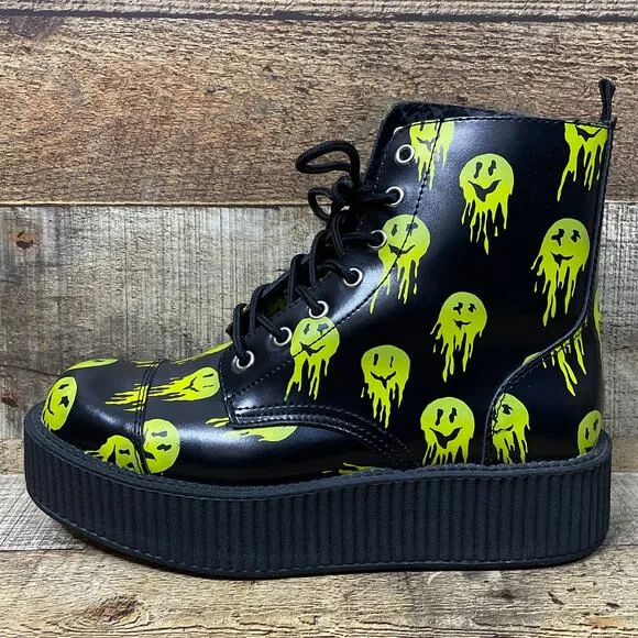 NEW T.U.K Happy Trip Smiley 7 Eye Viva Mondo Combat Boots Limited Edition SZ 10
