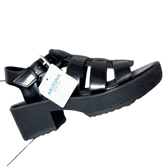 New with Tag Arizona Jeans Co Platform Black Shiny Vintage Chunky Retro Sandals