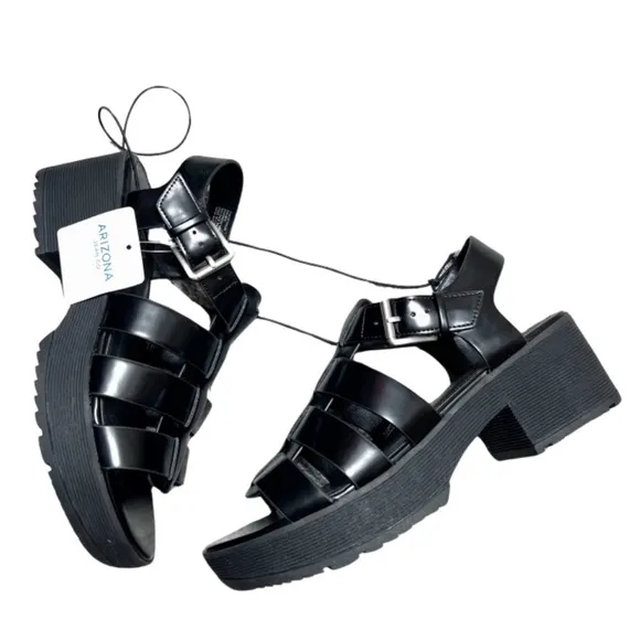 New with Tag Arizona Jeans Co Platform Black Shiny Vintage Chunky Retro Sandals