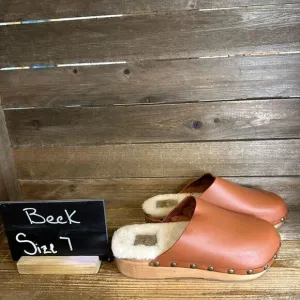 New Womens Beek Mallard‎ Shearling Fur Brown Leather Slides Mules Size 7 M