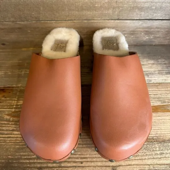 New Womens Beek Mallard‎ Shearling Fur Brown Leather Slides Mules Size 7 M