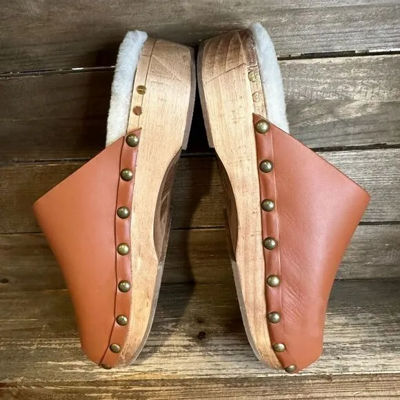 New Womens Beek Mallard‎ Shearling Fur Brown Leather Slides Mules Size 7 M