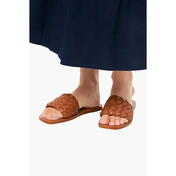 NEW WOMEN'S Loeffler Randall Lorainne Woven COGNAC Leather Slides Sandal US 7 B