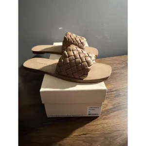 NEW WOMEN'S Loeffler Randall Lorainne Woven COGNAC Leather Slides Sandal US 7 B