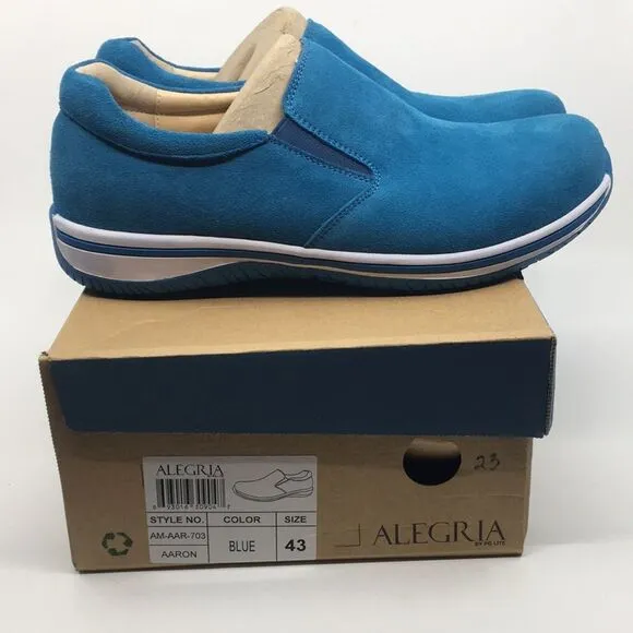 NIB Alegria Aaron Blue Suede Slip On Shoes - Size 43 EU 9.5 US (W US 13)