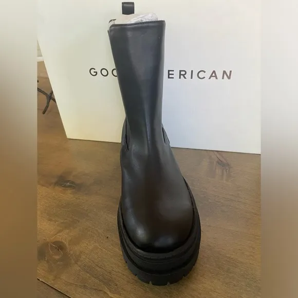 NIB Good American Black ChelseaCombat Leather Boots Sz 8.5 $239