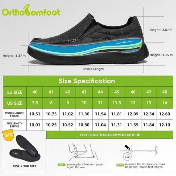 NIB OrthoComfoot Mens Slip On Loafers Arch Support Charcoal Black Canvas Size 11
