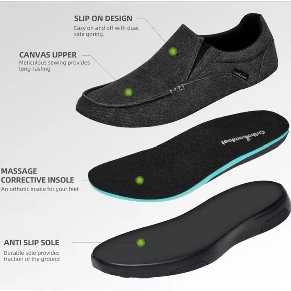 NIB OrthoComfoot Mens Slip On Loafers Arch Support Charcoal Black Canvas Size 11