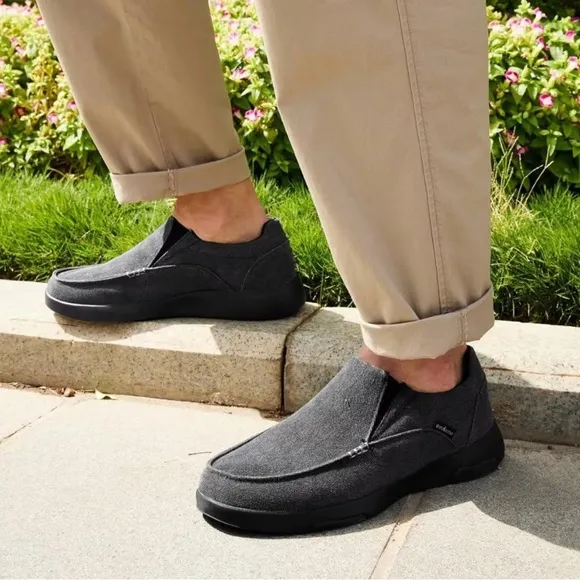 NIB OrthoComfoot Mens Slip On Loafers Arch Support Charcoal Black Canvas Size 11