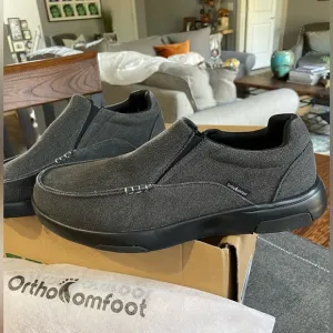 NIB OrthoComfoot Mens Slip On Loafers Arch Support Charcoal Black Canvas Size 11