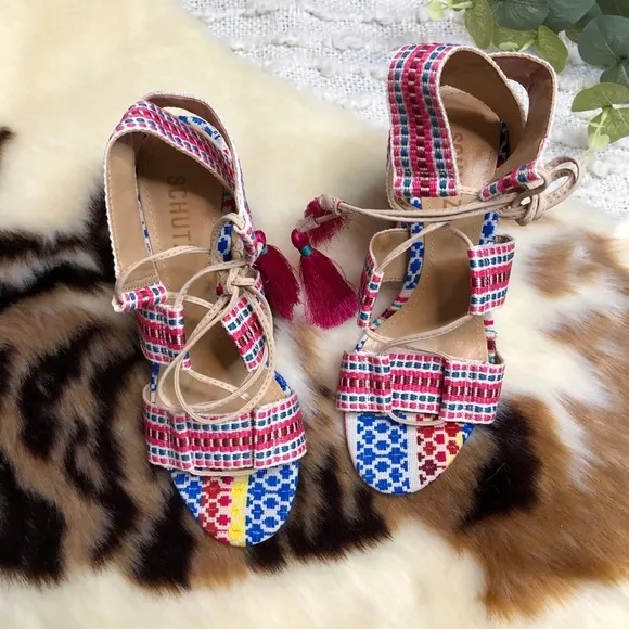 NIB Schutz Emilen embroidered blocked heel sandals