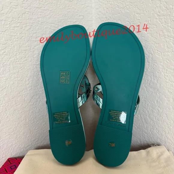 NIB Tory Burch Miller Size 7.5 Teal Mirrored Metallic PU Sandals Retail $198