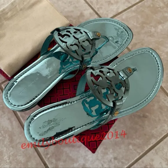 NIB Tory Burch Miller Size 7.5 Teal Mirrored Metallic PU Sandals Retail $198