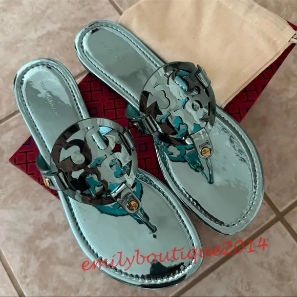 NIB Tory Burch Miller Size 7.5 Teal Mirrored Metallic PU Sandals Retail $198