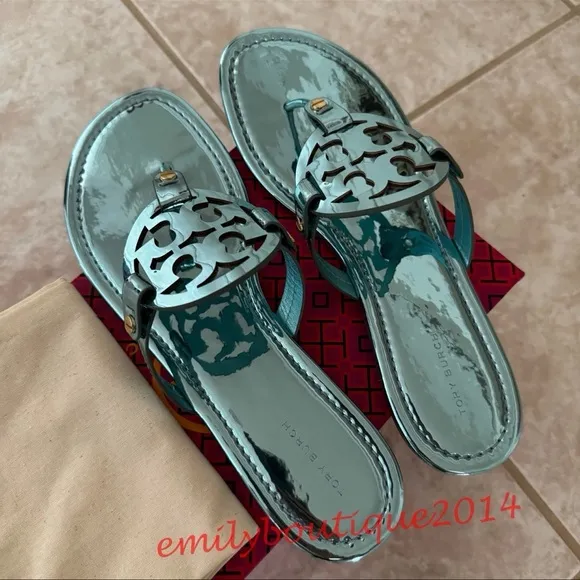 NIB Tory Burch Miller Size 7.5 Teal Mirrored Metallic PU Sandals Retail $198