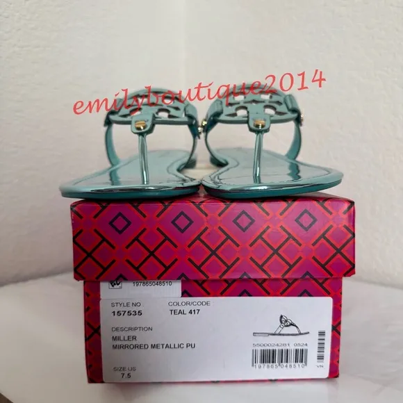 NIB Tory Burch Miller Size 7.5 Teal Mirrored Metallic PU Sandals Retail $198
