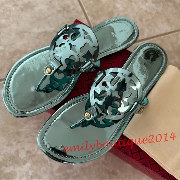 NIB Tory Burch Miller Size 7.5 Teal Mirrored Metallic PU Sandals Retail $198