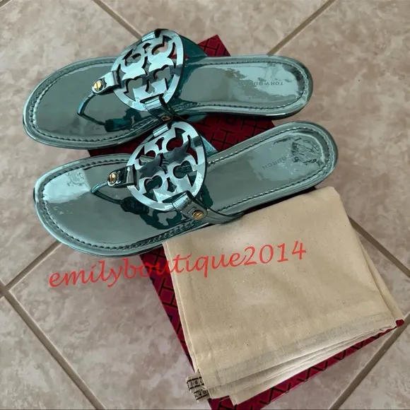 NIB Tory Burch Miller Size 7.5 Teal Mirrored Metallic PU Sandals Retail $198