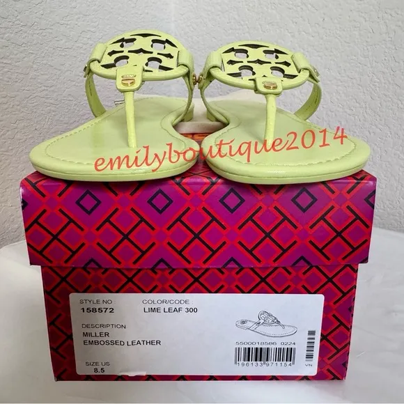 NIB Tory Burch Miller Size 8.5 Lime Leaf Embossed Leather Sandals Retail $198