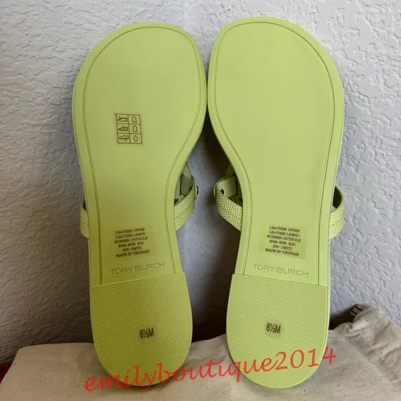 NIB Tory Burch Miller Size 8.5 Lime Leaf Embossed Leather Sandals Retail $198