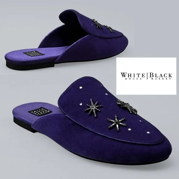 NIB WHBM STAR EMBELLISHED JEWELED BUCKLE VELVET SLIDES Size 7