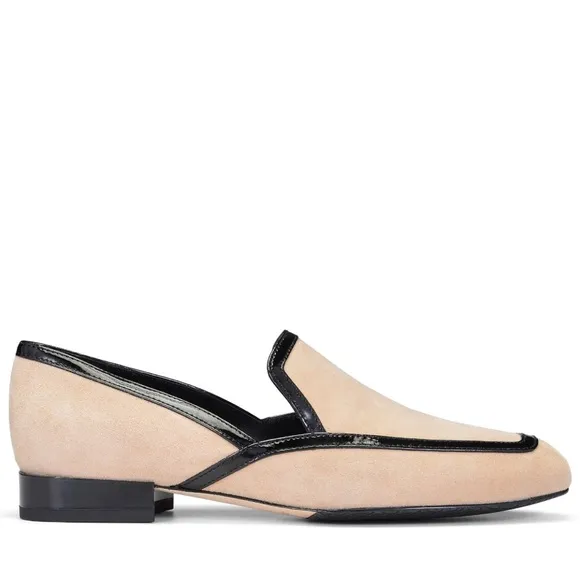 NIB Womens Donald Pliner cream white and black suede slip on loafer flats