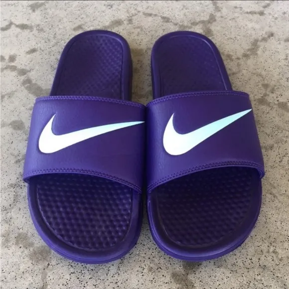 NIKE BENASSI SWOOSH SLIDES PURPLES WHITES TEALS MINTS