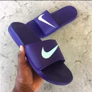 NIKE BENASSI SWOOSH SLIDES PURPLES WHITES TEALS MINTS