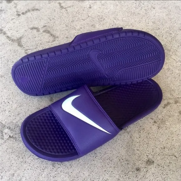 NIKE BENASSI SWOOSH SLIDES PURPLES WHITES TEALS MINTS