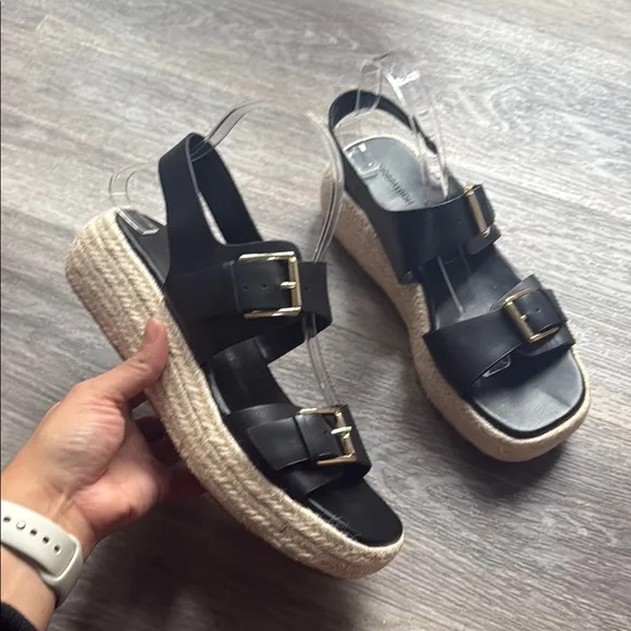 Nordstrom Black Platform Sandals 9M Leather Straps with Buckle