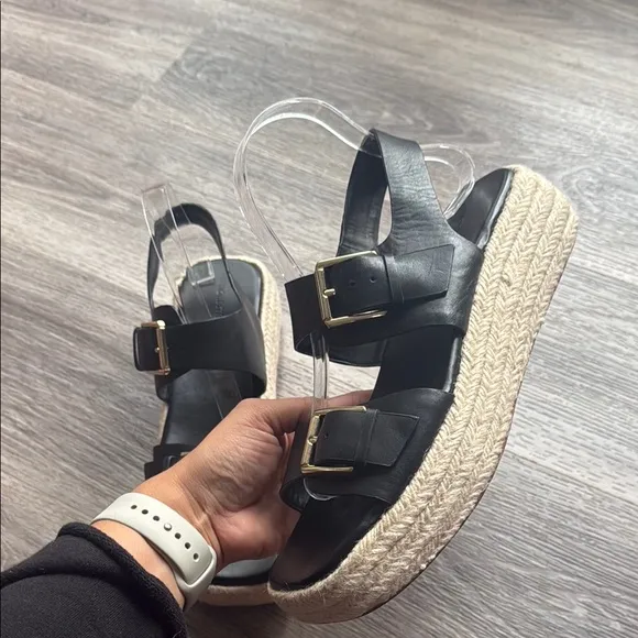 Nordstrom Black Platform Sandals 9M Leather Straps with Buckle