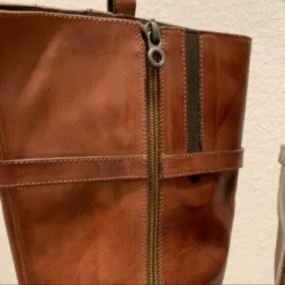 Nursace Leather Mid-Calf Riding Boots Side Zipper Ankle Harness