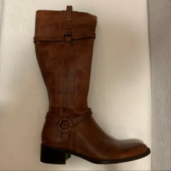 Nursace Leather Mid-Calf Riding Boots Side Zipper Ankle Harness