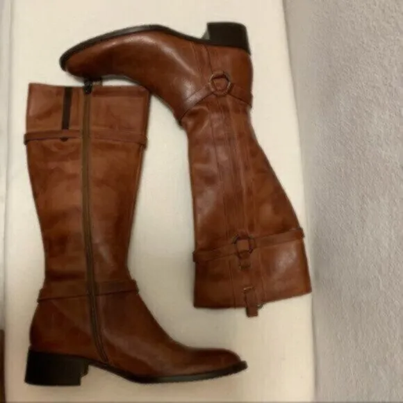 Nursace Leather Mid-Calf Riding Boots Side Zipper Ankle Harness