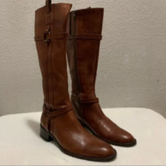 Nursace Leather Mid-Calf Riding Boots Side Zipper Ankle Harness