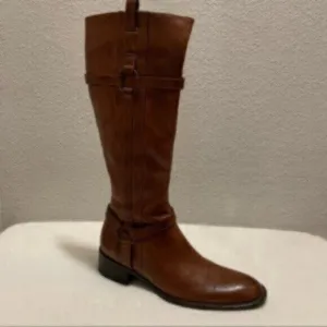 Nursace Leather Mid-Calf Riding Boots Side Zipper Ankle Harness