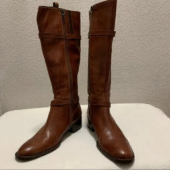 Nursace Leather Mid-Calf Riding Boots Side Zipper Ankle Harness