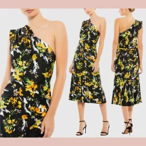 NWD IEENA MAC DUGGAL [ 0 ]‎ 55630 Floral Draped One Shoulder Midi Dress #6329