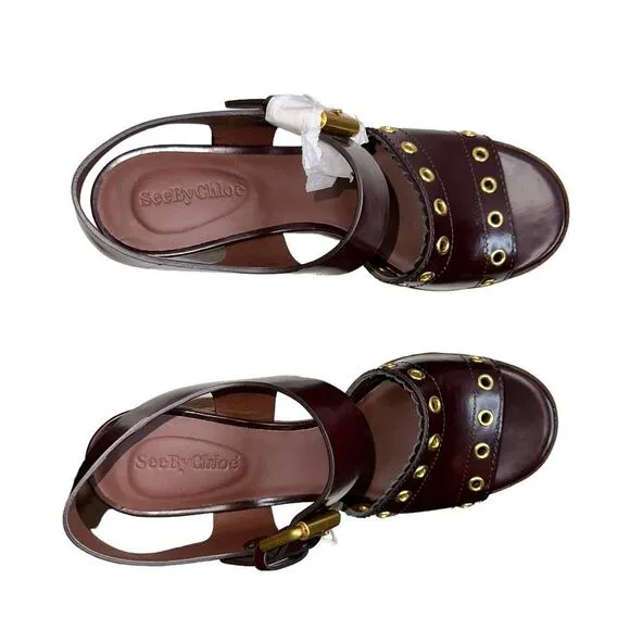 NWOB See By Chloe Chocolate Brown Leather Platform Chunky Sandal Heels Size 8