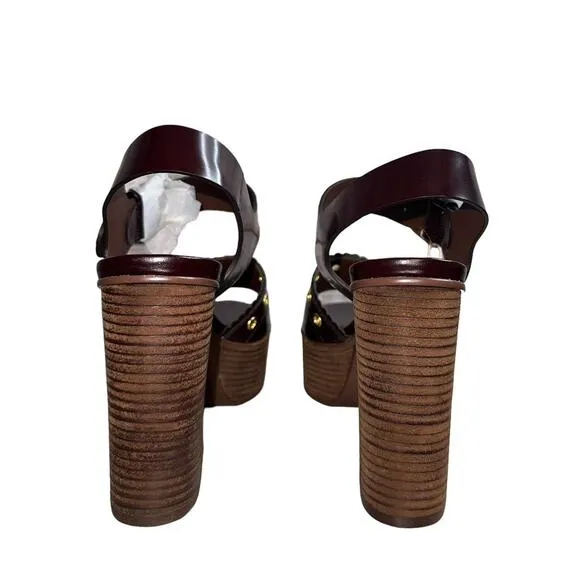NWOB See By Chloe Chocolate Brown Leather Platform Chunky Sandal Heels Size 8