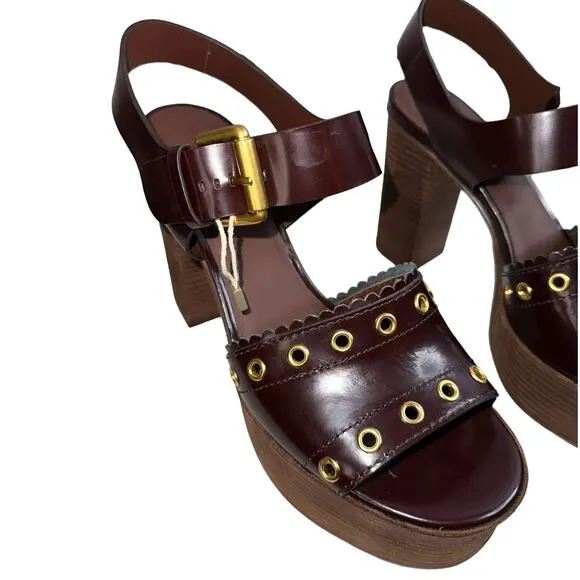 NWOB See By Chloe Chocolate Brown Leather Platform Chunky Sandal Heels Size 8