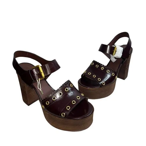 NWOB See By Chloe Chocolate Brown Leather Platform Chunky Sandal Heels Size 8