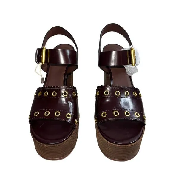 NWOB See By Chloe Chocolate Brown Leather Platform Chunky Sandal Heels Size 8
