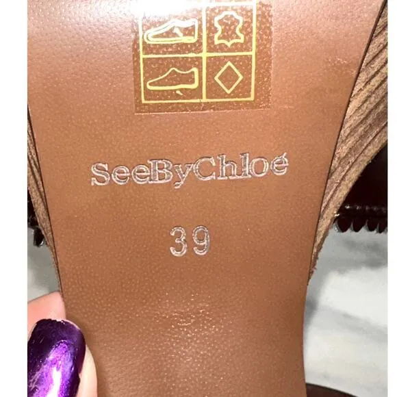 NWOB See By Chloe Chocolate Brown Leather Platform Chunky Sandal Heels Size 8