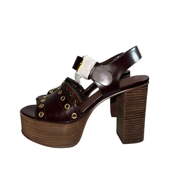 NWOB See By Chloe Chocolate Brown Leather Platform Chunky Sandal Heels Size 8